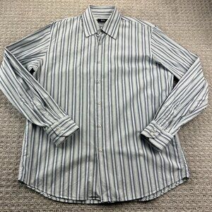 Hugo Boss Button Up Shirt Men Size 43 / 17 Blue Gray Striped Long Sleeve Preppy